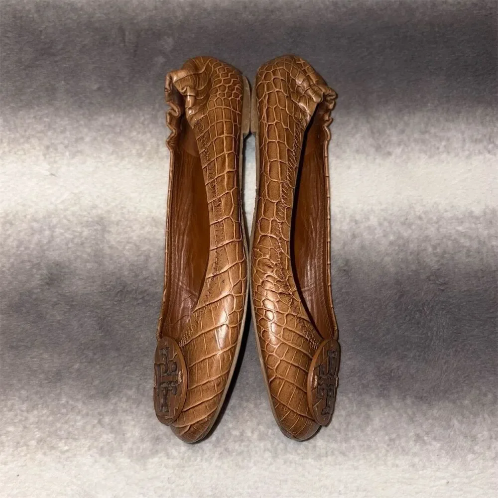 Tory Burch Reva Women's Brown Croc Embossed Ballet Flats Size 7.5 - Picture 6 of 9